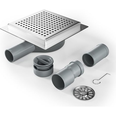 Caniveau de douche carré 15 x 15 cm, siphon à 360° avec système anti-odeurs et tamis à cheveux, en acier inoxydable, très plat DN50 DN40 (1/5)