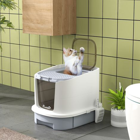 Geschlossene Katzentoilette mit Fronteingang, Auslass oben, herausnehmbarer Schale und Schaufel, 40,5 x 52,5 x 42,5 cm, Weiß und Grau