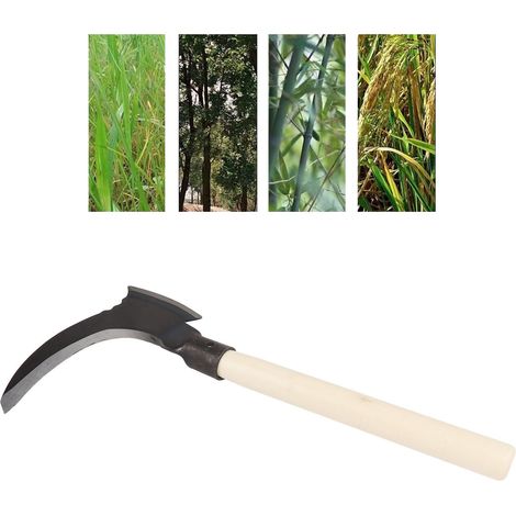 Faucille de jardinage à double lame en acier à haute teneur en manganèse, machette multifonctionnelle à double tranchant, coupe-bûches, outil de jardinage avec lame unique et manche en bois. (1/5)