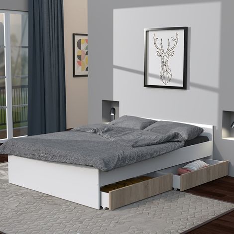 Le Quai Des Affaires – Lit KAPPA 140x190 cm avec 2 tiroirs – Décor chêne blanchi et blanc – Structure en panneau de particules – Hauteur 59 cm