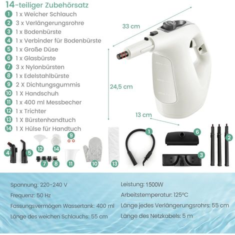Nettoyeur vapeur portable sous pression 1400 W, vapeur continue illimitée, réservoir d'eau 400 ml - gris (1/5)