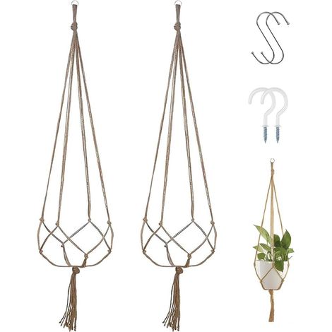 2 Pièces Macramé Pour Plante, Macramé Pot Suspendu En Jute Avec 4 Crochets, Pot Suspendu Plante Interieur Pour Intérieur Et Extérieur, Pour Salon, Chambre À Coucher, 120 Cm (1/5)