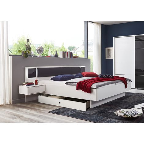 Lit adulte double 180x200 cm + 2 chevets + 2 tiroirs coloris blanc/graphite - Longueur 289 x Profondeur 210 x Hauteur 92 cm -PEGANE-
