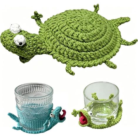 Dessous de verre en forme de lézard au crochet Dessous de verre amusants et mignons pour adultes Fait à la main en 3D Petit animal Tapis de tasse tricoté fantaisie Sous-verre décoratif pour (1/5)