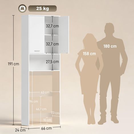 Meuble de rangement au-dessus de la machine à laver, armoire haute avec 2 portes et compartiment ouvert, 66x24x191 cm, coloris blanc (1/5)