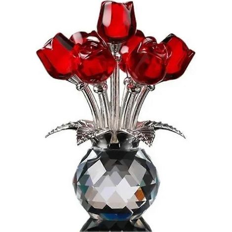 Bouquet de roses rouges avec vase rond, figurines, cadeaux pour femmes, ornement de bouquet en verre, cadeau romantique, centre de table (1/5)