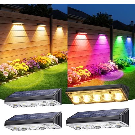 Lot de 4 lampes solaires pour extérieur de jardin, applique murale d'extérieur IP65 étanche 5 LED lumineuses pour extérieur, mur, clôture, terrasse (10 modes de changement de couleur blanc (1/5)