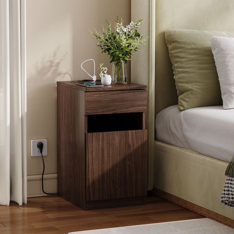 Table de chevet avec chargeur USB A/C prise électrique noyer poubelle intégrée 33x40x61,5 cm