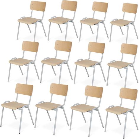 BRB 12-teiliges Stapelstuhl-Set, Gestell lichtgrau, stapelbar, Sitz/Lehne aus Buche-Schichtholz (1/3)