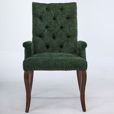 Chaise de salle à manger d'appoint élégante avec accoudoirs, revêtue de tissu chenille, pieds en bois massif courbés, style club capitonné, vendue à l'unité, vert olive, DE1895OL (1/5)