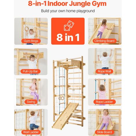 Echelle suédoise murale 8 en 1 12 niveaux en bois massif pour enfants adultes, 100 kg gymnase intérieur avec planche escalade, anneaux, barre tractions, échelle, toboggan, balançoire (1/5)