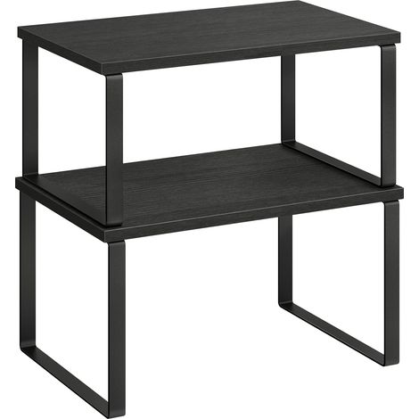 Étagère à Épices, Lot de 2, Organisateur de Placard, Étagère de Rangement de Cuisine Extensible, Porte-épices Empilable, Métal, Bois d’Ingénierie, Noir d'Encre et Noir Boisé (1/5)