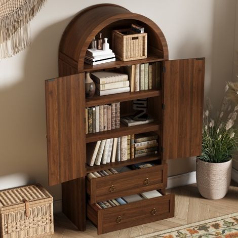 Buffet style osier à arcades, double tiroirs, buffet vintage pour séjour, meuble de rangement en MDF, noyer, 80x40x180 cm, buffet haut avec portes en osier, colonne de rangement salon (1/5)