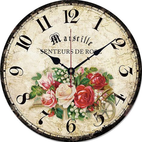 1 Reloj de pared, madera y cartón, números romanos, mecanismo silencioso, estilo vintage, para salón, cocina u oficina. (1/5)
