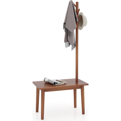 Tavolino con appendiabiti in legno massiccio, Appendiabiti con panca per scarpe 3 ganci per cappelli 168cm Marrone (1/4)
