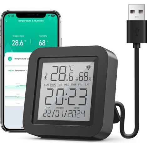 Thermomètre Hygromètre Connecté, WiFi Thermomètre Intérieur Capteur Humidité avec Alertes sur l'App, Contrôle par l’APP, Thermo-hygromètre pour Cave à Vin, Compatible avec Alexa (1/5)
