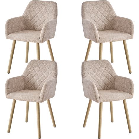 Wokaka Juego de 4 sillas de comedor en lino – Patas de madera maciza – Asiento cómodo para oficina y salón – Caqui