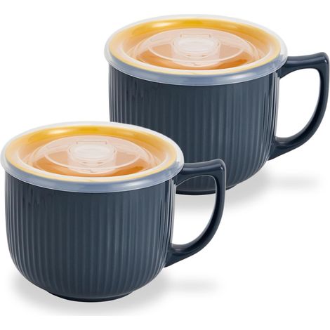 Lot de 2 grands bols à soupe en céramique avec poignée et couvercle ventilé, passent au micro-ondes et au lave-vaisselle pour ramen, pâtes, salades, céréales (1/5)