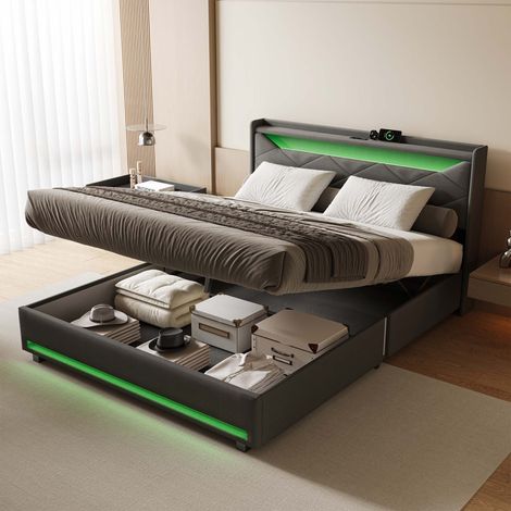 Letto 140x190 cm con testiera imbottita, illuminazione LED regolabile, porta USB, spazio di archiviazione idraulico, struttura in lino e base a doghe - Grigio