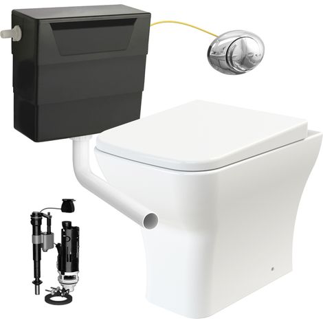 Square Rimless Back to Wall Toilet Pan with Soft Close Seat & Concealed Cistern Chrome Push Button