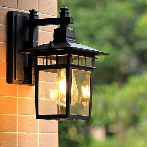 Außenwandleuchte im Vintage-Stil aus Aluminium in Schwarz. Gartenlampe mit abgehängtem Glas. Außenwandleuchte aus rustikalem Tannenholz IP23 – Außenwandleuchte