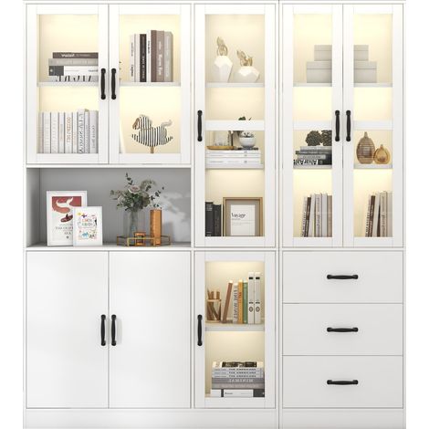 Vitrine blanche avec LED, 8 portes et 3 tiroirs, 200 cm de hauteur, 180 cm de longueur, rangement élégant pour salon et salle à manger  CHICFURN (1/5)
