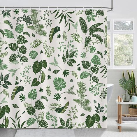 Retro-Duschvorhang mit grünem Blattmuster, 180 x 180 cm, Boho-Stil, waschbarer Polyesterstoff mit 12 Haken