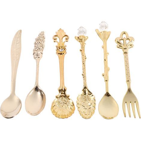 Lot de 6 mini cuillères à café et fourchette en métal, style royal rétro, doré, accessoires de cuisine pour fruits. (1/5)