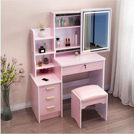 TrAdE Shop Traesio - Set Tavolo Da Toeletta Per Trucco Cosmetici Con Specchio Led Morbido Sgabello Cassetti - Rosa (1/4)