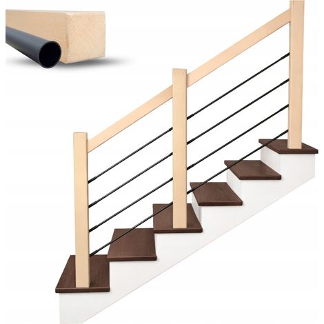 Rambarde escalier bois hêtre massif avec tubes noirs, garde-corps intérieur design moderne