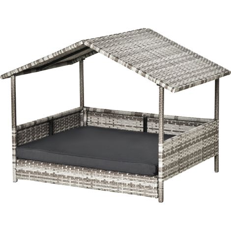 Niche pour chien en rotin avec coussin, lit pour chien en forme de maison, niche extérieure pour chien, cadre en acier, plastique, Gris, 69 x 98 x 70 cm