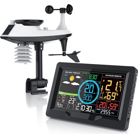 Wetterstation-Radiowecker mit 5-in-1-Außensensor, Wetterstation, Wettervorhersage, Anemometer, Regenmesser, Thermometer, Hygrometer, Barometer, Sommerzeit, Solarpanel (1/5)