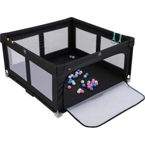 Parc pour bébé noir 150 x 150 cm pliable avec 50 balles, 4 poignées et porte à fermeture éclair pour salon, chambre et jardin (1/5)