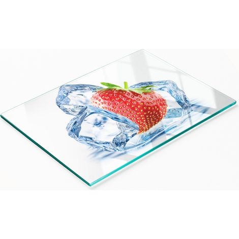 Tabla de cocina de vidrio templado con estampado de fresas y helado, 80x52 cm. (1/5)