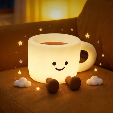 Veilleuse Café-Tasse en Silicone 7 Changements de Lumière Contrôle de Tap 3 Luminosité USB Rechargeable Fonction Minuterie Lampe de Chevet Chambre Décorations Cadeaux d'Anniversaire et de Noël