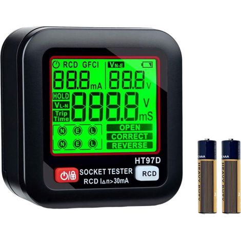 Steckdosentester mit FI-Schutzschaltertest und LCD-Display, Spannungs- und Frequenzanzeige, 6 Fehlerdiagnosetypen, Messbereich 30–260 V / 45–65 Hz