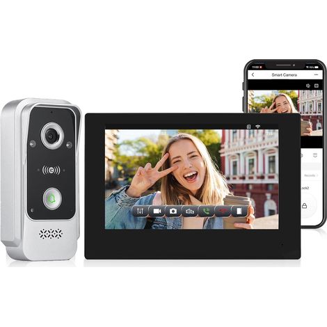 Interphone Vidéo 2 Fils avec Écran 7 Pouces,Vision Nocturne Infrarouge et Détection de Mouvement,Caméra HD,Audio Bidirectionnel, Débloquage de Carte RFID (1/5)