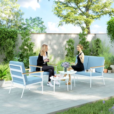Salon de jardin 5 places bleu ciel : canapé, 2 fauteuils, 2 tables basses pour balcon ou terrasse, capacité 4 personnes.