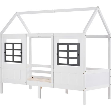 Cama cabaña infantil 200 x 90 cm con 2 ventanas, blanca, pino y MDF HOMVRA (1/5)