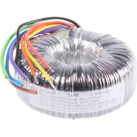 Transformateur torique RS PRO 2 sorties, 115 V ac, 230 V ac 2 x 12V c.a., 225VA ( Prix pour 1 ) (1/2)