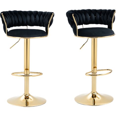 Set di 2 sgabelli da bar - Sedia da bar girevole a 360°, con altezza regolabile, cuscino imbottito, schienale e piedi in metallo - Nero