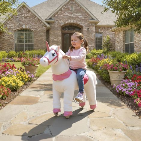 Cheval de saut pour enfants - 3-5 ans - cheval à bascule - cadre robuste - design licorne - housse en tissu - roues souples - blanc - Idéal