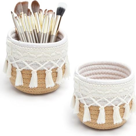 Paniers Boho Coton 10 x 10 cm Organisateur Maquillage Rangement Pinceaux Panier Tressé Décoratif Coiffeuse Salle Bain Bureau Porte-Stylo Accessoires (1/4)