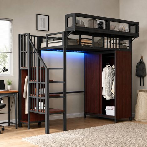 CHICFURN Letto a soppalco 90x200 cm in metallo nero con armadio e scala, senza materasso (1/5)