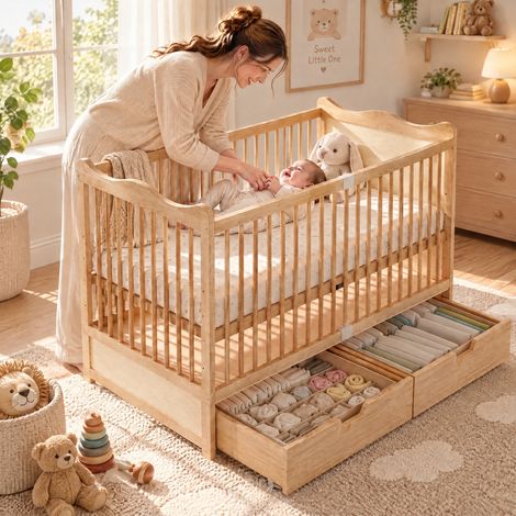 JOOKGBD-Lettino per Bambino 140x70cm in Pino Massello Naturale, Rete a 4 Altezze Regolabili, 2 Grandi Cassetti con Rotelle, Testiera Ondulata, Bordi Arrotondati Sicuri per Neonato (1/5)