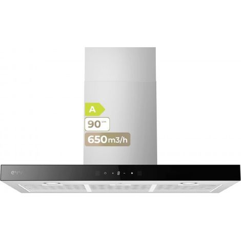 EVVO Campana Extractora Decorativa CE36, 90 cm Ancho, Potencia 650 m³/h, Acabado Inox borde negro, 3 Velocidades, Control Táctil