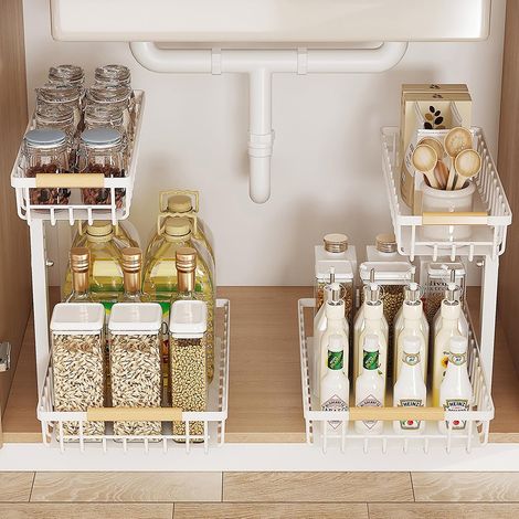 Lot de 2 Rangements sous Evier 2 Niveaux Étagère sous Évier Coulissant avec Hauteur Réglable Porte-épices Métal Tiroir Coulissant pour Cuisine, Salle de Bain, Buanderie (Blanc, 2pack) (1/5)