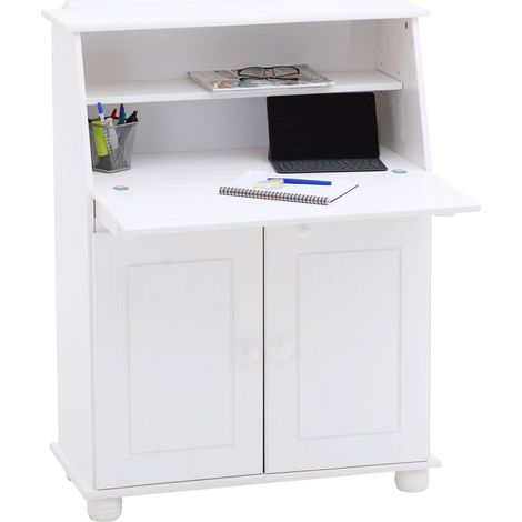 Idimex – Bureau assis debout blanc en pin massif – Dimensions monté 117 x 82 x 38 cm – Tablette rabattable avec charnières – 2 étagères réglables (1/4)