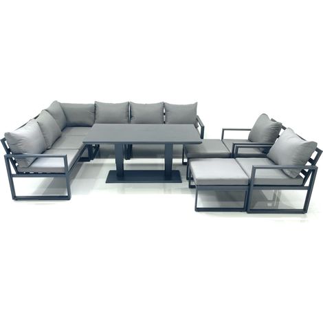 Fimous Aluminum Outdoor Garden Furniture Set Corner Sofa 2 Chair 2 Big Footstools Adjustable Rising Lifting Dining Table Sets Dark Grey (1/5)
