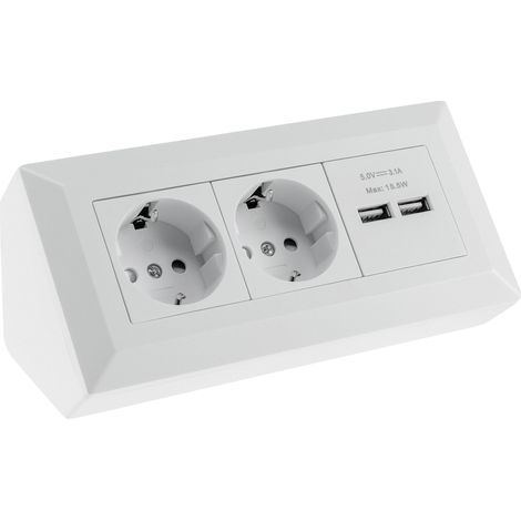 Bloc multiprise CHILITEC 23651, 2 prises, 2x USB, 16A/250V, blanc mat
